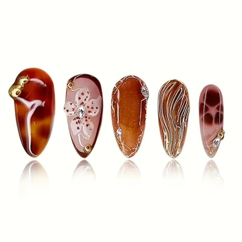 SEENEEY Medium Almond Press on Nails Brown Fake Nails Floral Artificial Nail with Gold Charm Designs Glitter Stick on Nail for Women 24pcs - Image 2